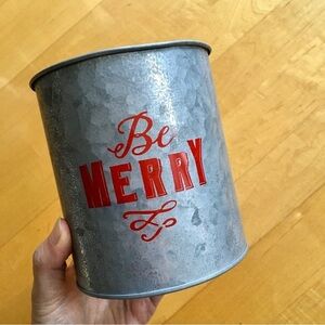 “Be Merry” Holiday Decor Tin, Planter, Container, Gray, Red